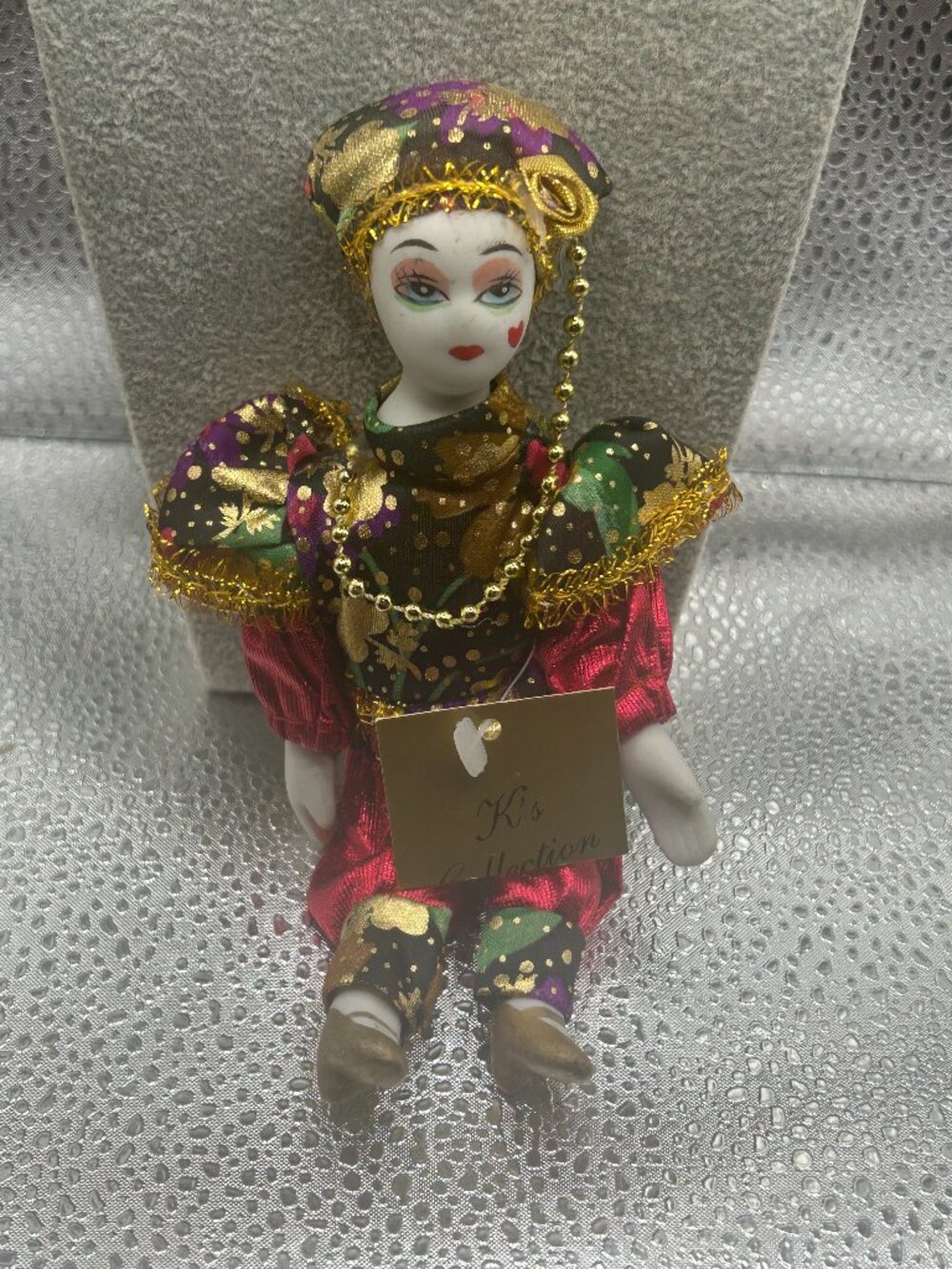 Vintage K's Collection Glass Face Blue, Silver and Black Clown Doll